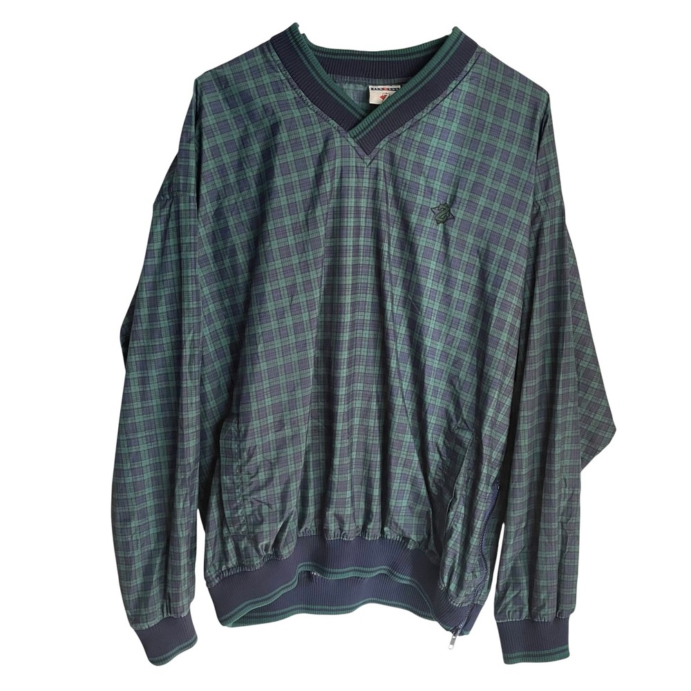 Vtg Jerzees Black Watch Plaid Windbreaker Size L Green V-Neck Pullover Windshirt